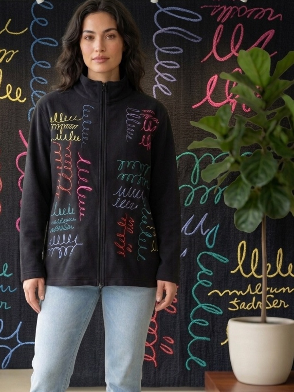 Koret Black Zip-Front Bomber Jacket Multicolor Swirl Embroidery sz L